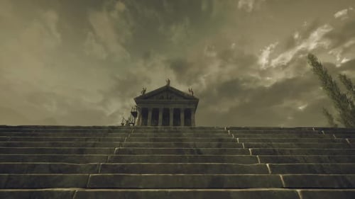Un ancien temple se dresse majestueusement sur un ciel Théâtral au crépuscule