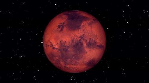Rotating Red Planet Mars in Starry Space Background