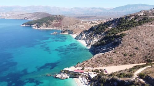 Aerial Drone View Coastline Ksamil, Ionian Sea, Albania - Pulebardha Beach (Plazhi i Pulëbardhës)