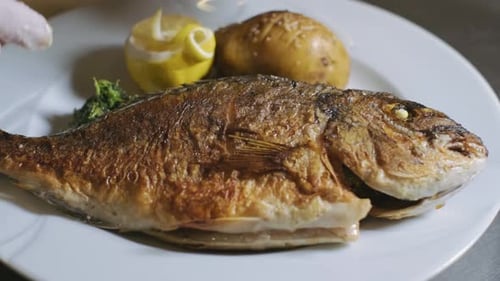 Chef prepares fish grill plate in professional kitchen. Close up, slow motion.4K. Ready to eat.