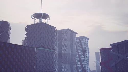 Edificio alto coronado con bandera en una ciudad futurista