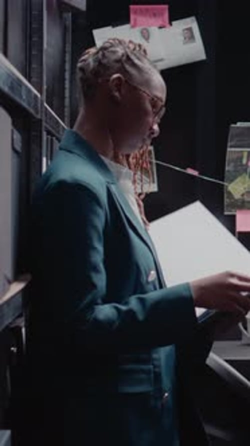 Woman Reviews Folder in Dark Office