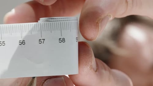 The man's hands twist the paper ruler on the glass, bottom view, macro.