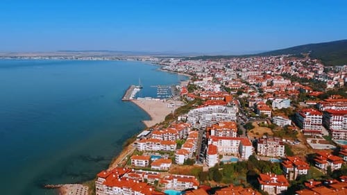 Coastal view of a vibrant seaside town.
