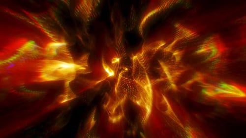 A vibrant explosion of swirling red and gold light patterns, creating a dynamic and fiery