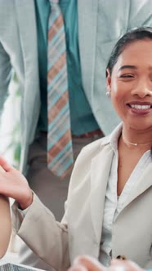 Video call, introduction or business people with technology in meeting for consulting