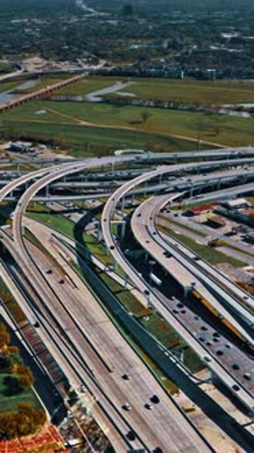 Aerial view of highway interchange in Dallas during daytime