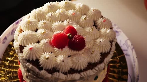 A Slice of Cake with Cream Cheese and Strawberry Closeup Homemade Cake Dessert in Cafe