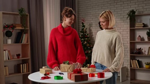 Two Friends Wrapping Gifts for Christmas at Home