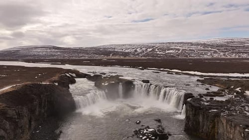 Aerial view of Goðafoss, the iconic "Waterfall of the Gods" in north Iceland