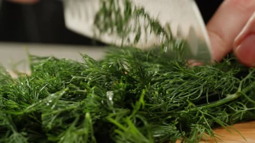 Cutting Dill Chef Cut Dill with Knife on a Wooden Board Close Up at Home Vitamin Vegan Greens