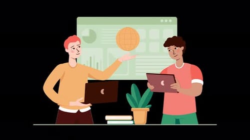 Two people collaborating with technology and data visualization.