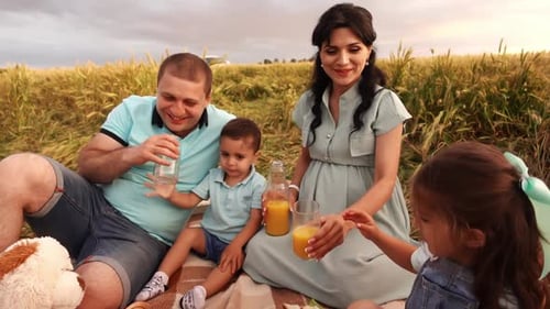Family with Children are Holding Glasses with Juice at the Blanket at Rye Field