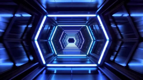 Futuristischer sechseckiger blauer Neontunnel-Bewegungshintergrund