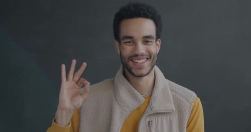 Zeitlupenporträt eines fröhlichen Afroamerikaners, der eine OK-Handgeste zeigt und lächelt