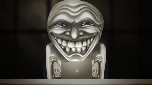 Trollgesicht lacht beim Benutzen des Computers