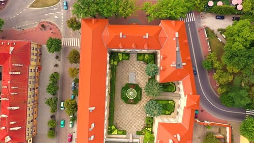 Top aerial panoramic view of Lowicz old town historical city centre with Rynek Market Square, Old To