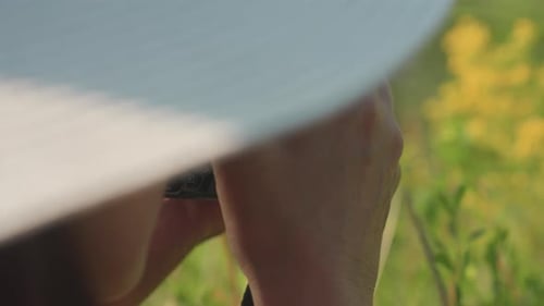 Close Up of Woman Photographing Wildflowers in Summer Field