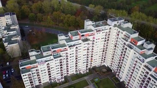 Aerial View Of Apartment Blocks On Housing Estate By Osterholz-Tenever In Bremen, Germany.