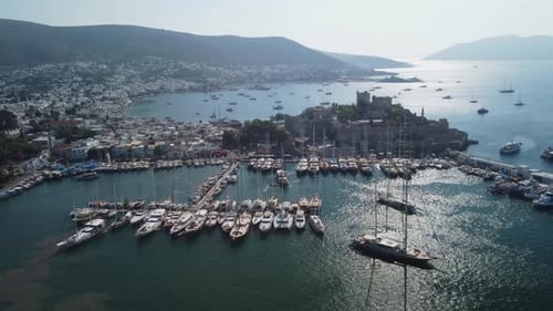 Awesome aerial view of Bodrum Marina and Bodrum Castle, Turkey