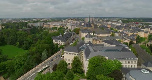 Flying a Drone Over the Historical Center of Luxembourg City in Summer