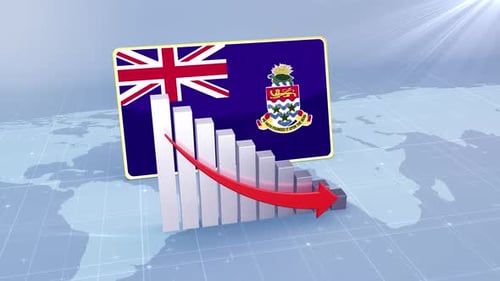 Cayman Islands Flag With Decrease Bar Chart Graph And Arrow Red