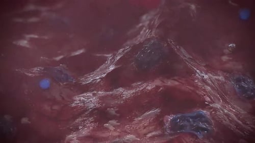 Viral infection concept with glowing blue cell in red blood stream