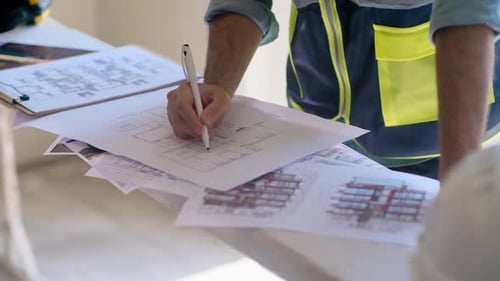 Worker in Professional Uniform Editing and Correcting Construction Documentation