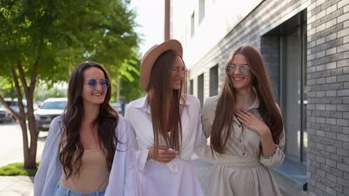 Friends Laughing Outdoors Three Smiling Happy Woman Girl Walking at Street Friendship