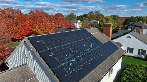 House with a full array of solar panels, amidst fall foliage. Animation of chart displaying energy e