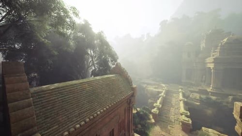 Scène sereine d'un temple oublié niché dans un environnement naturel dynamique
