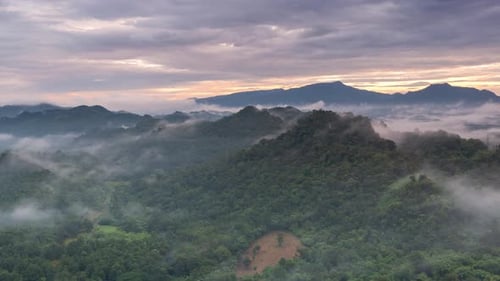 Aerial view morning scenery Mist flowing over the high mountains.