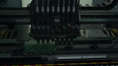 Línea de producción con procesadores de computadora en una fábrica de electrónica. Creativo. Producción de microchips