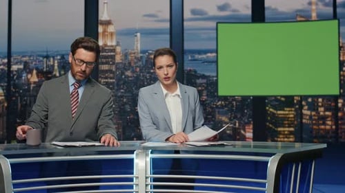 Newscasters Broadcasting Green Screen News Late Studio Closeup Anchors Talking