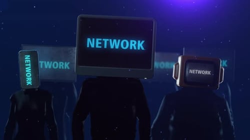 Futuristic Humanoids with Monitor Heads Displaying Network Text