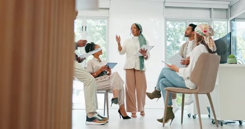 Business woman, leadership or speaker in training, workshop or presentation in diversity growth