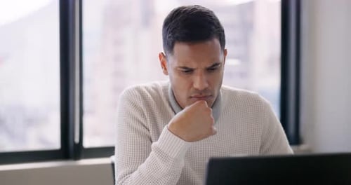 Problem solving, laptop or businessman thinking of a strategy or ideas for sales growth