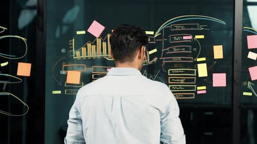 Intelligenter Manager, der eine Marketingidee schreibt und dabei auf eine Glaswand schaut. Maßwerk