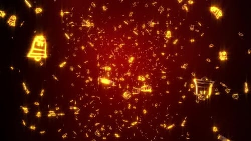 Glowing Golden Christmas Bells on Red Background Loop