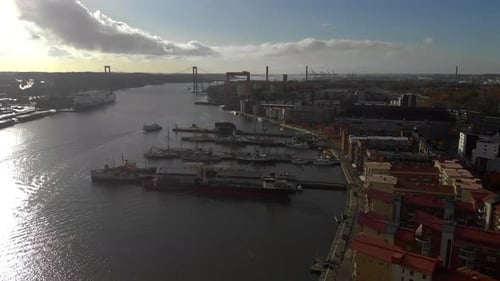 Aerial view Eriksberg and Gota Alv River in Gothenburg Sweden of a nautical port with numerous ships