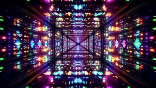 Boucle de tunnel de lumière au néon multicolore vibrante avec motif géométrique