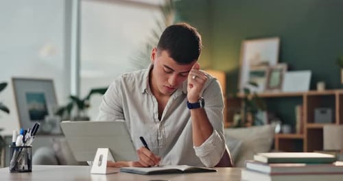Man, tired and home with tablet as student for elearning or online education for university