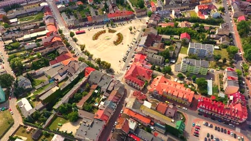 Top aerial panoramic view of Lowicz old town historical city centre with Rynek Market Square, Old To