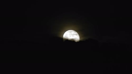 The Full Moon Rises in the Night Sky Behind Trees on a Hill and Dark Clouds