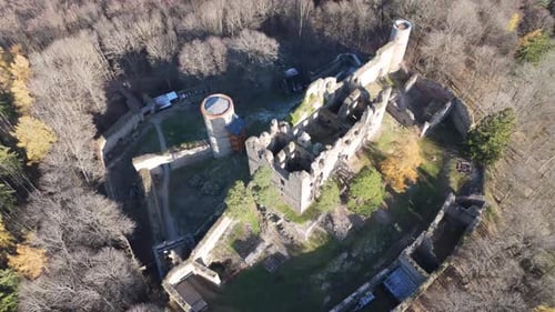 Aerial video above Helfenburk u Bavorova castle ruins aerial view in Czech Republic