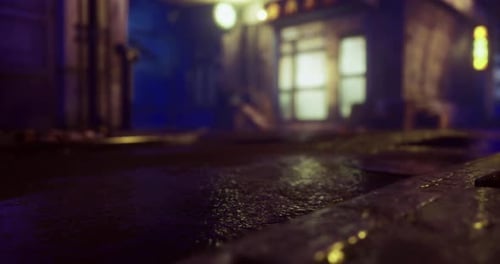 Eerie Street Scene with Wet Pavement and Colorful Neon Lights in Urban Setting