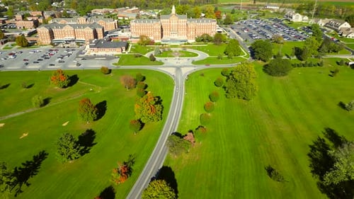Aerial drone view of Veterans Affairs hospital.
