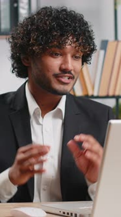 Businessman Working on Laptop at Office Talk on Online Communication Video Call with Employee Boss