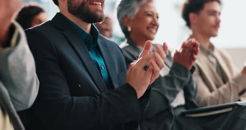 Audience, applause and group in workshop, celebration or success for training session or colleagues