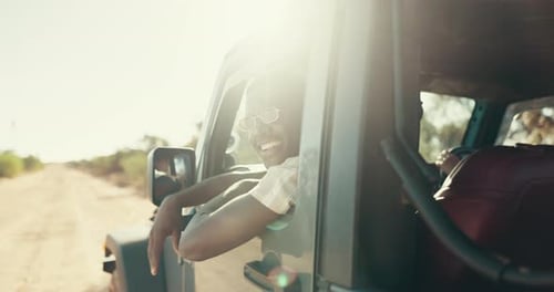Road trip, passenger and black man with vehicle, smile and journey for vacation, weekend or break